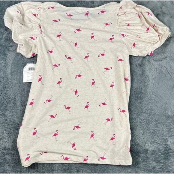89th + Madison Women's Top S Pink Flamingo Print Puff Sleeve NWT - Picture 2 of 10